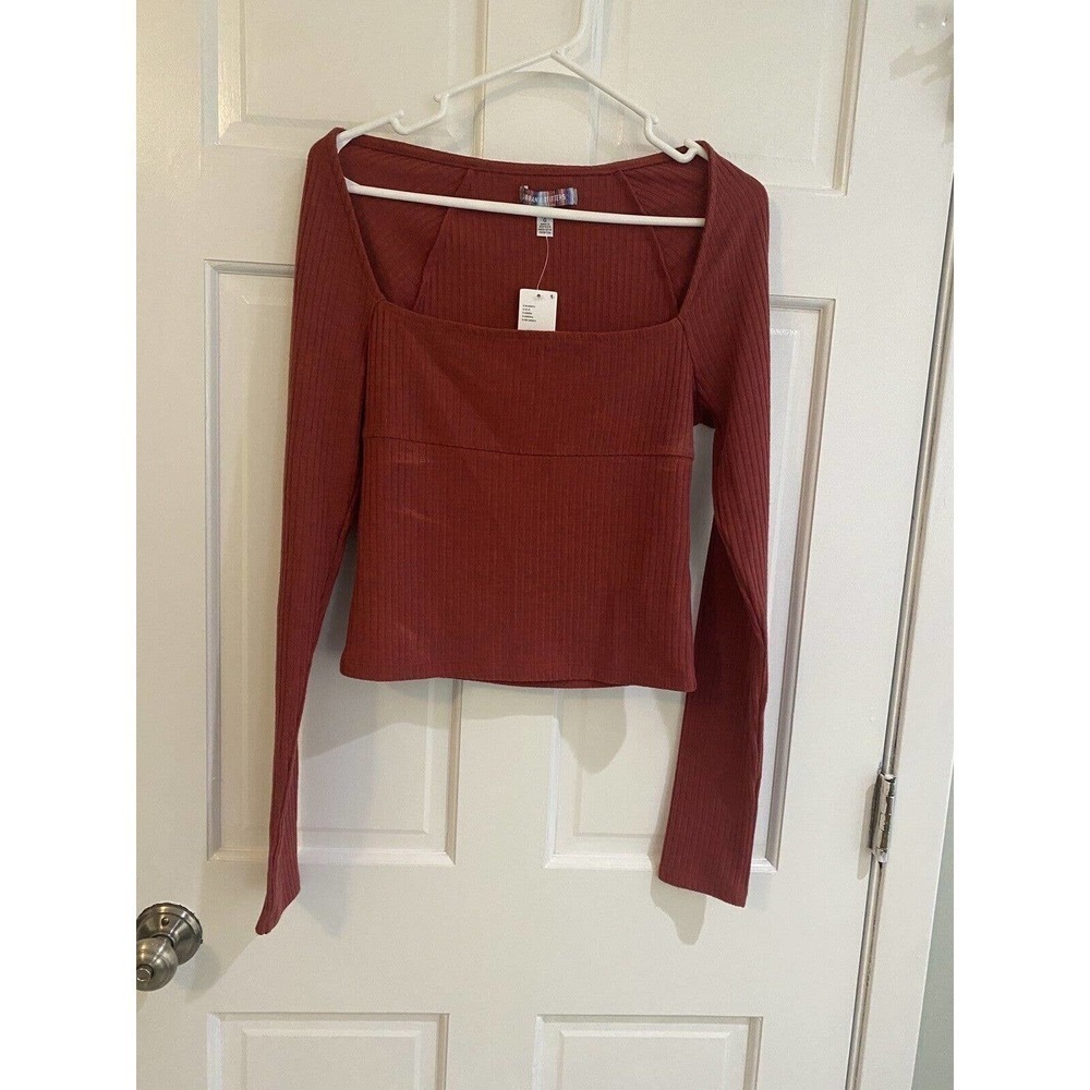 Urban Outfitters Ribbed Stretch Knit Top Square Neck Red Rust Size Large NWT